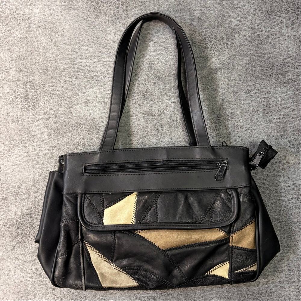 Vintage Black Leather Patchwork Shoulder Bag
